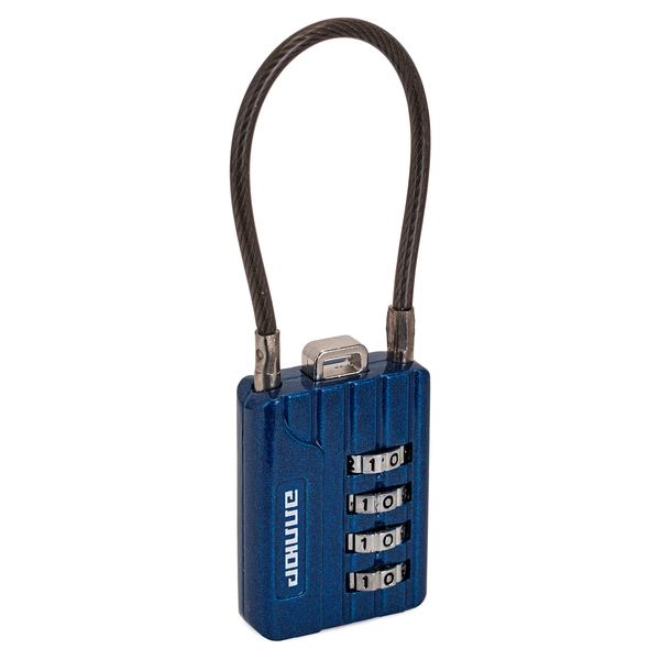 Замок навесной АЛЛЮР ВС1КТ-30/3 (H2) синий с тросиком кодовый d=3мм