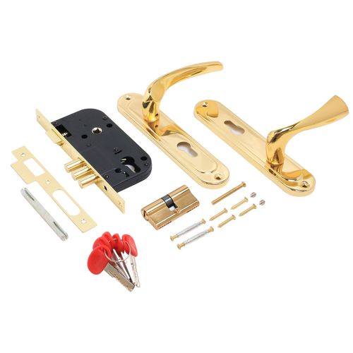 В упаковке - Замок врезной с/руч БУЛАТ ЗВ4-3.70.03.05 НОМОС золото  5 перф.кл.